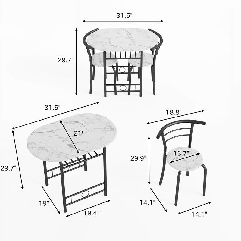 Shahoo 3-Piece Dining Table Set for 2, Kitchen Breakfast Nook Set | 2 Chairs & Round Tabletop, Space Saving Wooden Furniture Metal Frame and Built-in Wine Rack, Marble White & Black - color: Marble White & Black