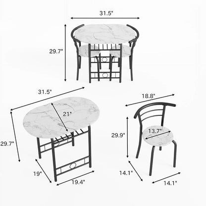 Shahoo 3-Piece Dining Table Set for 2, Kitchen Breakfast Nook Set | 2 Chairs & Round Tabletop, Space Saving Wooden Furniture Metal Frame and Built-in Wine Rack, Marble White & Black - color: Marble White & Black