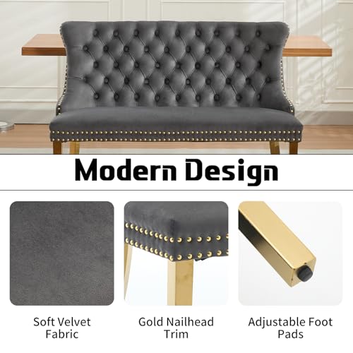 Grey Velvet Dining Bench with Back, Tufted Banquette Seating, Gold Legs | Upholstered loveseat bench; tufted back; nailhead trim; 500 lb capacity; foam and spring seat; dining room or entryway - color: Grey(gold Stainless Steel Legs)