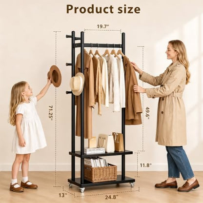 Coat Rack Solid Wood Stand Storage 2 Shelves 4 Hooks Black | Entryway hallway bedroom living room, durable wood construction, freestanding design, coats hats bags garments - size: Black - L:24.8''D×13''W×71''H (With Wheels)