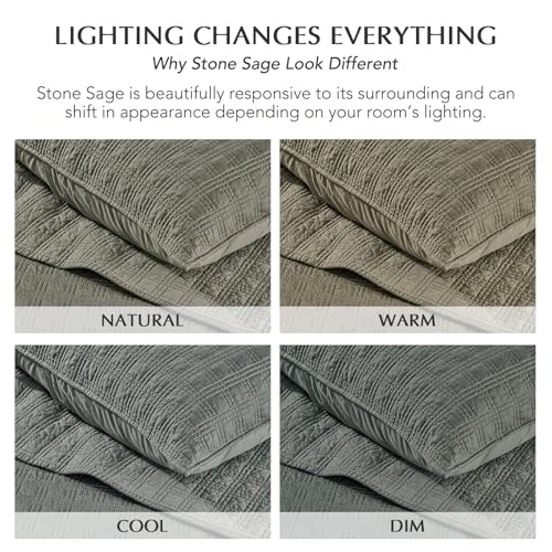 EVERGRACEHOME Cotton Sateen Windowpane Quilt Set Queen Size, Stone Sage | 100% Cotton, Pre-Washed Soft Coverlet Bedspread, 3-Piece Lightweight Bedding Set for All Season, with 2 Pillow Shams - color: Stone Sage (Grayish Green) - Windowpane, size: Full/Que