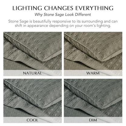EVERGRACEHOME Cotton Sateen Windowpane Quilt Set Queen Size, Stone Sage | 100% Cotton, Pre-Washed Soft Coverlet Bedspread, 3-Piece Lightweight Bedding Set for All Season, with 2 Pillow Shams - color: Stone Sage (Grayish Green) - Windowpane, size: Full/Que
