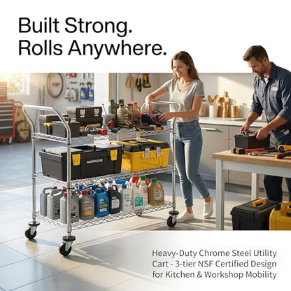 Finnhomy 3-Tier Commercial Grade Rolling Cart, Heavy Duty Utility Carts with Wheels and Handles, Kitchen Trolly on Wheels, Metal Serving Shelves with 700 lbs Capacity, Shelf Size 24" D x 48" W, NSF - size: 23.6"D x 55.1"W x 43.8"H