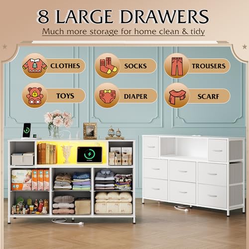 WLIVE LED Dresser TV Stand for 55 Inch TV, 8 Drawers, White | Fits TVs up to 55 inch, 8 fabric drawers, LED chest of drawers, Built-in power outlet, Living room or bedroom - color: White