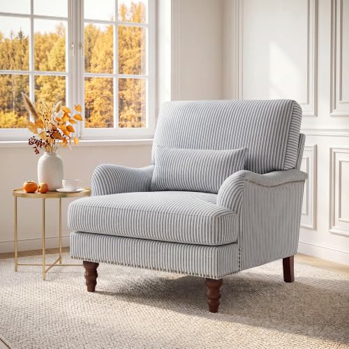 Mid-Century Modern Accent Chair with Lumbar Pillow, Pinstripe Blue, 2 Pack | Upholstered Chenille Armchair, Solid Wood Frame & Legs, Comfy Reading Lounge Sofa for Living Room Bedroom, & Small Spaces - color: Pinstripe Blue, size: 2 Seat