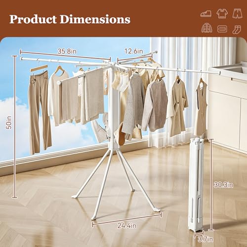 Adjustable Collapsible Umbrella Style Clothes Drying Rack, 4Legs6Telescopic Arms, Space-Saving Freestanding Laundry Airer with Windproof Clips, Easy Setup Indoor Outdoor (White-Plastic) - color: White-plastic