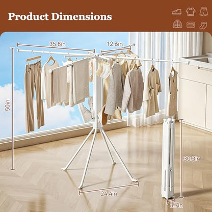 Adjustable Collapsible Umbrella Style Clothes Drying Rack, 4Legs6Telescopic Arms, Space-Saving Freestanding Laundry Airer with Windproof Clips, Easy Setup Indoor Outdoor (White-Plastic) - color: White-plastic