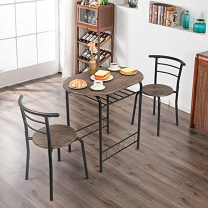VINGLI 3 Piece Dining Set,Small Kitchen Table Set for 2,Breakfast Table Set for 2,Kitchen Wooden Table and 2 Chairs for Small Space/Dining Room/Apartment,Metal Frame,Wine Rack,Rustic - color: Rustic