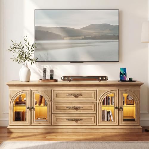 JUMMICO 63 Inch LED TV Stand for Living Room with Fast Charge Station (Oak) | Farmhouse TV Console for 70 Inch TV, 2 Glass Doors Storage Cabinets & 3 Drawers, Wooden Entertainment Center for Living Room - color: Oak, size: TV Stand with Charge Station