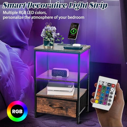 Night Stand with Charging Station, Bedside Table with Adjustable Fabric Drawers, End Table with LED Lights, Side Table with USB Ports Open Shelf for Bedroom, Brown - color: Brown