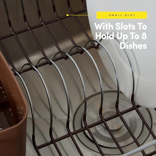 Dish Drying Rack & Cutlery Holder 2 Piece Set - Compact Sink-Fitting Dish Drainer with Rubberized Undercoating, Space-Saving Kitchen Organizer for Plates, Cups, Bowls & Utensils in Sink, Bronze Brown - color: Bronze