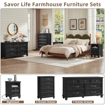 Farmhouse Side Table with Charging Station, Black | Antique Nightstands for Bedroom with Drawers, Bedside Table with Open Shelf & Thickened Top & Square Wooden Legs - color: Black, size: 18"D x 18"W x 25"H (2 Drawers)