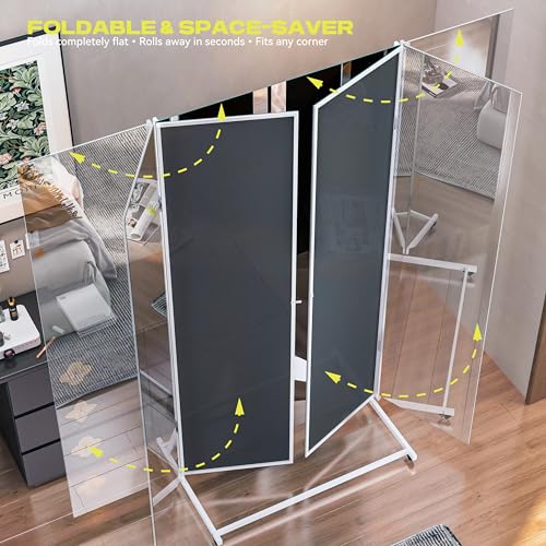 Hasipu 71"×71" Large Tri-Fold Full Length Mirror on Wheels | Tempered glass & metal frame, 4 lockable casters, detachable stand, ideal for gym, dance studio, fitness room & home. - size: 70"L x 70"W