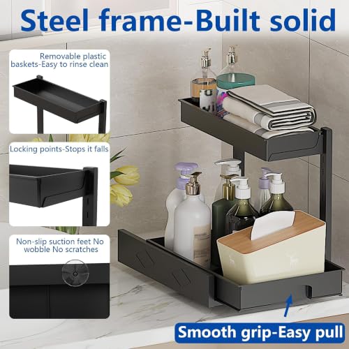 BLULEE 2 Pack Under Sink Organizer, Adjustable Pull Out Storage Rack | L-Shaped Set of 2 Sliding Bathroom Vanity & Kitchen Shelf, Bypasses Pipes, Heavy Duty Metal Frame Fits Tall Bottles