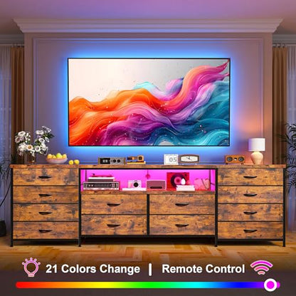 EnHomee 12 Drawers Dresser for Bedroom,TV Stand Fits 55/65/70 inch TVs | Entertainment Center with LED Lights & Power Outlets,Long Fabric Dresser with 2 Wood Shelves for Living Room,Brown Wood Grain - color: Brown Wood Grain