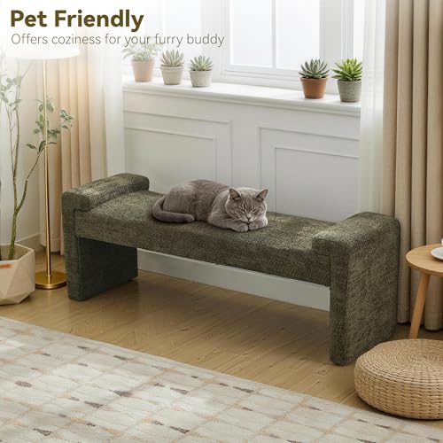 Upholstered Entryway Bench, 58.7" Modern Bedroom Bench, Green | Sherpa Fleece, Curved Armrests, Solid Wood Frame, End of Bed, Bedroom, Living Room, Hallway - color: Green-sherpa, size: 58.7"