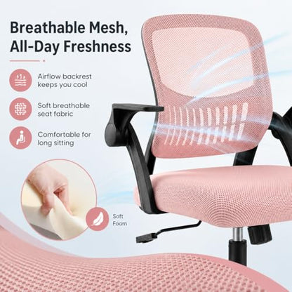 Ergonomic Office Chair, Home Office Desk Chair, Breathable Mesh Desk Chair with Adjustable Lumbar Support and Flip-up Armrests, Game Chairs, 360° Swivel Desk Chairs for Conference, Meeting Room(Pink) - color: Pink