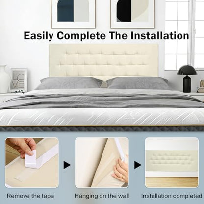 Upholstered Headboard Full Size, 54" x 21" Easy No-Tools Wall Mounted Bed Headboards, Modern Linen Button Diamond Tufted Design, Beige - size: 54"x21"