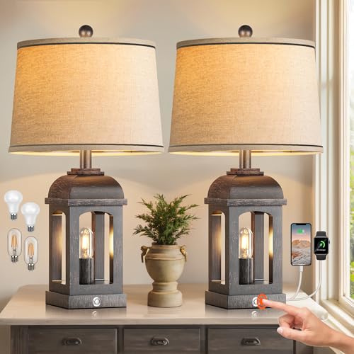 Table Lamp for Bedroom Set of 2, Farmhouse Lamps with Nightlight, Bronze | 2 LED Bulb Included, USB A+C Charging Ports, 3-Way Dimmable, Rotary & Touch Control Switch, 26" Rustic Nightstand Lamp - color: Bronze, size: Set of 2