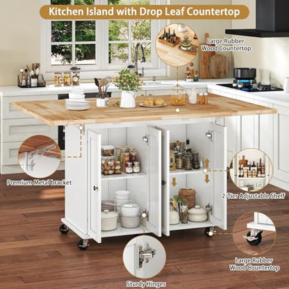 62.8 INCH Rolling Kitchen Island Cart with Double Drop Leaf, Small Mobile Kitchen Cart on Wheels, Folding Kitchen Island with Large Tbletop, Adjustable Shelves for Dining Room - color: White
