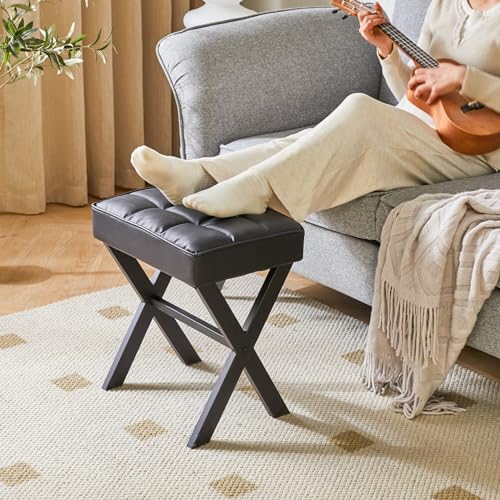 IBUYKE Square Makeup Stool with X-Leg, PU Vanity Chair, Black LG-71B | Footrest Ottoman Seat Multi-Use Small Side Table Bedroom Living Room - color: Black, size: 17.72"-Leather