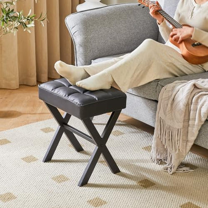 IBUYKE Square Makeup Stool with X-Leg, PU Vanity Chair, Black LG-71B | Footrest Ottoman Seat Multi-Use Small Side Table Bedroom Living Room - color: Black, size: 17.72"-Leather