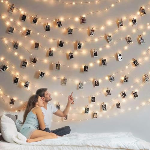 Teen Girl Room Decor with Photo Light: Battery Operated 33Ft 100LED Fairy Lights with Clips for Pictures with Timer, String Light with 50 Clear Clips for Christmas Bedroom Dorm Décor - color: Battery-Warm White