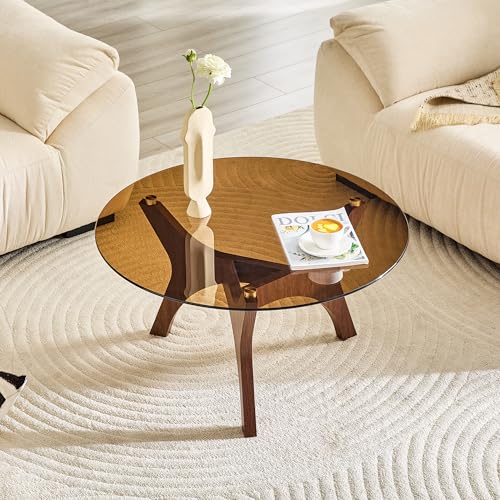 31.5" Round Glass Coffee Table, Walnut Modern Coffee Table with Brown-Tinted Tempered Glass Top, 3-Leg Geometric Base Accent Table for Living Room, Small Space - color: Walnut, size: 31.5" 3-Leg Geometric Base