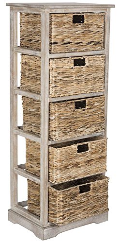 SAFAVIEH Furniture - Vedette 5-Basket Storage Tower - White Washed - Solid Wood - Coastal Basket Tower Design - Ideal for Entryway, Living Room, 17.5"W x 13.5"D x 46"H - Fully Assembled (AMH5739E) - color: White Washed