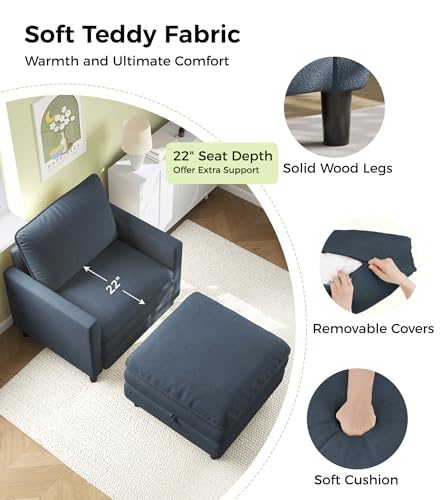 Welzona 3-Layers Cloud Accent Chair with Ottoman, 33" Teddy Reading Chair | Comfy Teddy Fabric, Washable Covers, Tool-Free Setup, All-wood Arm Chair and Ottoman Sets for Living Room, Bedroom, Blue Grey - color: Blue Grey, size: cloud chair & ottoman