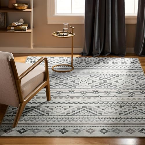 Haven Modern Geo Machine Washable Area Rug with Airflo Technology for Easy Clean, Ultra-Soft Non-Slip Rug with Built-in Pad, Pet, Family & Allergy Friendly, Beige/Brown, 6'x9' - color: Beige/Brown Geo Stripe, size: 5'11" x 8'11" (Rectangular)