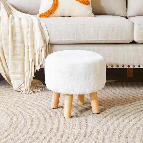 YMYNY Round Pouf Ottoman, 12.6" Small Foot Stool, White HBD035W | Faux Fur, Wood Legs, Foot Rest for Couch, Modern Boho for Living Room Bedroom Office - color: White