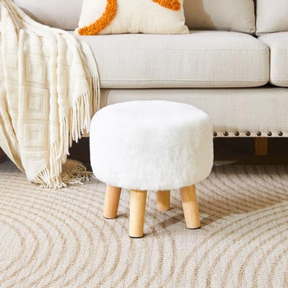 YMYNY Round Pouf Ottoman, 12.6" Small Foot Stool, White HBD035W | Faux Fur, Wood Legs, Foot Rest for Couch, Modern Boho for Living Room Bedroom Office - color: White