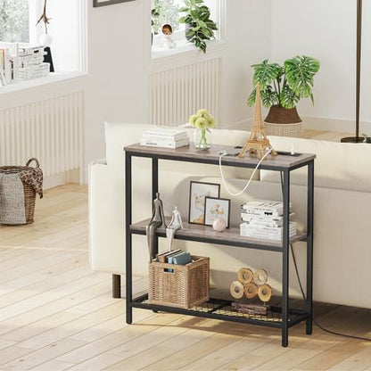 Snughome Console Table with Power Outlets, Entryway Table with Storage, Narrow Sofa Table with 3 Tier Shelves, 2 USB Ports, 2 Power Outlets, Hallway Table for Couch, Living Room, Entrance, Grey - color: Grey