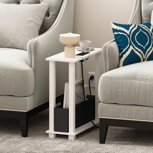 Furinno Turn-S-Tube 2-Tier Slim Narrow Side Table with Charging Station and Storage Bins, End Table, Night Stand, Bedside Table with USB and Type-C Charging Port, for Living Room, Bedroom, Plain White - color: Plain White/White/Black
