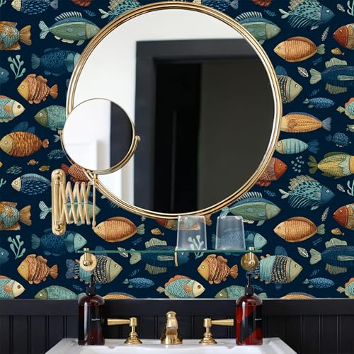 Deep Navy Blue Background Whimsical Underwater Tropical Fish Peel and Stick Wallpaper Easy Peel Off Contact Paper Stick on Adhesive Wall Paper for Bathroom Waterproof Renter 17.71"x118.1" - color: LD-143a, size: 17.7" x 118"