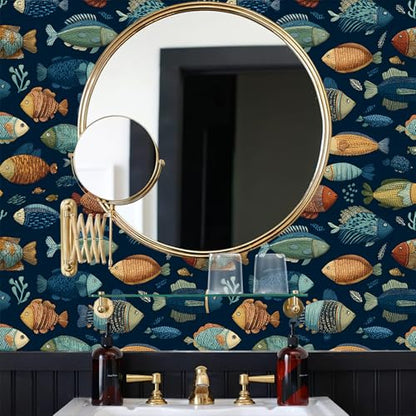 Deep Navy Blue Background Whimsical Underwater Tropical Fish Peel and Stick Wallpaper Easy Peel Off Contact Paper Stick on Adhesive Wall Paper for Bathroom Waterproof Renter 17.71"x118.1" - color: LD-143a, size: 17.7" x 118"