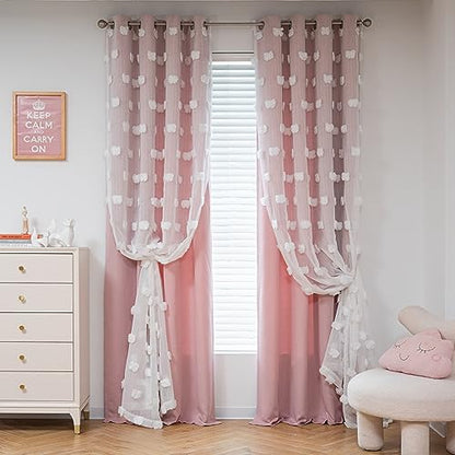 MYSKY HOME Double Layer Curtains for Girls Bedroom Kids Curtain White Pom Pom Sheer Window Curtains 2 Panels Pink Curtains Grommet Room Darkening Solid Nursery Curtains 63 Inches Length, W52 X L63 - color: Blush Pink, size: 52"W x 63"L (Pack of 2)