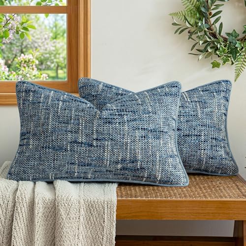a moment Light Blue Reversible Pillow Covers 2 Pack - Farmhouse Chenille Velvet Throw Pillows, Neutral Textured Decorative Throw Pillow Covers with Border for Couch Sofa Bed (12x20 Inch, No Insert) - color: Light Blue, size: 20" x 12" (Pack of 2)