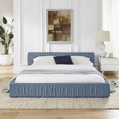 Queen Size Upholstered Bed Frame, Modern Grounded Bed with Solid Wood Slats, Pleated Headboard, Sturdy Construction, No Box Spring Needed, Grey (Blue, Queen) - color: Blue