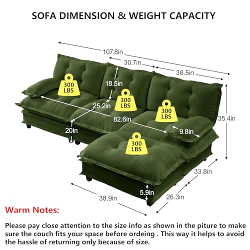 Modular Sectional L-Shaped Sofas,Roomy 3 Seater Sofa Couch with Ottoman,107.8" Chenille Cloud Couches,Modern Tufted Corner Sofa Set for Living Room - color: Green, size: 3+1