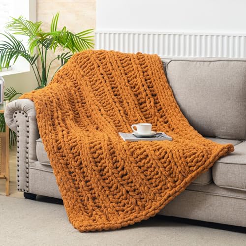 WESHIONGOO Chunky Knit Blanket Throw for Couch Bed 40"×60" Burnt Orange | 100% Handmade Knitted Throw blanket Fluffy Soft Blanket With Jumbo Chenille Yarn Thick - color: Burnt Orange, size: 40"x60"(Medium Size Throw)