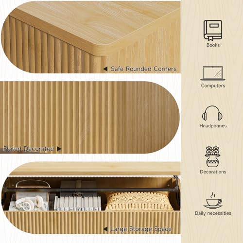 Fluted Lift Top Coffee Table with Storage, Mid Century Modern Coffee Table with Hidden Compartment, Rising Top Wood Center Table for Living Room, Home Office, Rounded Edges (Natural Oak) - color: Natural Oak