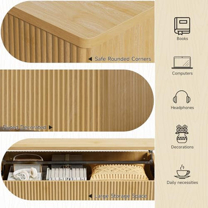 Fluted Lift Top Coffee Table with Storage, Mid Century Modern Coffee Table with Hidden Compartment, Rising Top Wood Center Table for Living Room, Home Office, Rounded Edges (Natural Oak) - color: Natural Oak