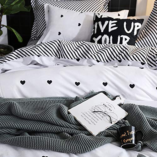 Omelas Kids Heart Love Queen Duvet Cover Set Black and White Teens Girls Lovely Heart-Shaped Pattern Striped Reversible Full/Queen Bedding Soft Breathable Quality Brushed Microfiber (3 Pcs,XD,Q) - color: X-white, size: Queen(No Comforter)