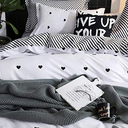 Omelas Kids Heart Love Queen Duvet Cover Set Black and White Teens Girls Lovely Heart-Shaped Pattern Striped Reversible Full/Queen Bedding Soft Breathable Quality Brushed Microfiber (3 Pcs,XD,Q) - color: X-white, size: Queen(No Comforter)