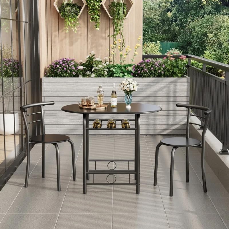 Shahoo 3-Piece Dining Table Set for 2, Kitchen Breakfast Nook Set, Black | 2 Chairs & Round Tabletop, Space Saving Wooden Furniture Metal Frame and Built-in Wine Rack - color: Black