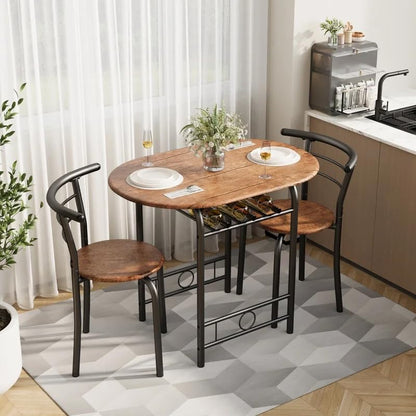 Shahoo 3-Piece Dining Table Set for 2, Kitchen Breakfast Nook Set | 2 Chairs & Round Tabletop, Space Saving Wooden Furniture Metal Frame and Built-in Wine Rack, Rustic Brown - color: Rustic Brown