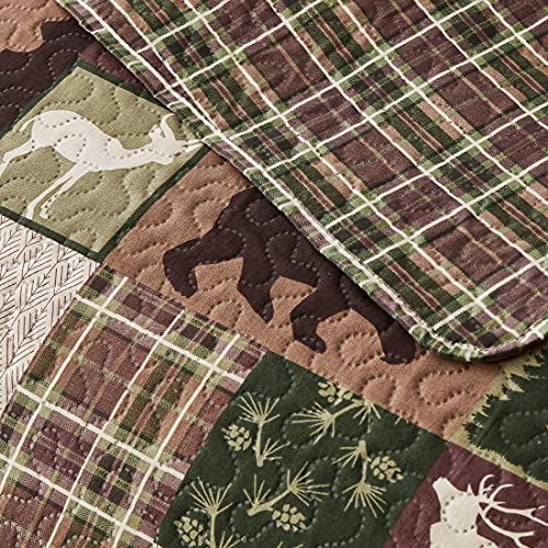 Reversible Lodge Plaid Bedding Moose Bear Quilt King Size Rustic Bedspread Cabin Coverlet Wildlife Forest Daybed Cover Summer Lightweight Bed Cover Pillow Shams - color: Brown Green, size: King(108"x96")