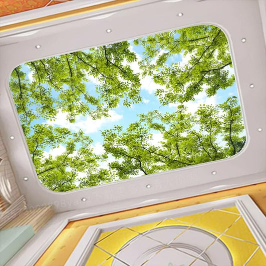 Ceiling Peel and Stick Wallpaper Forest Theme Sky Green Leafy Mural | Cloud Ceiling Murals Sky Wallpapers, Size Peel and Stick 110" W x 80" H - color: Mural 10, size: 110" x 80"
